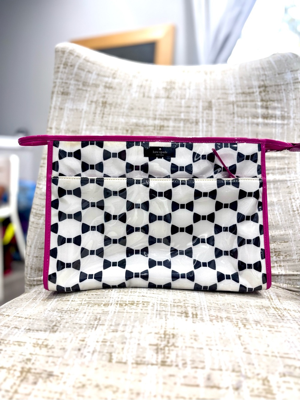 kate spade White & Black Bow-Print Cosmetic Pouch with Pink Trim large